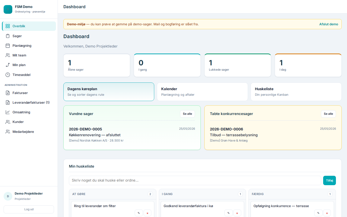 FSM dashboard med genveje og huskeliste Kanban